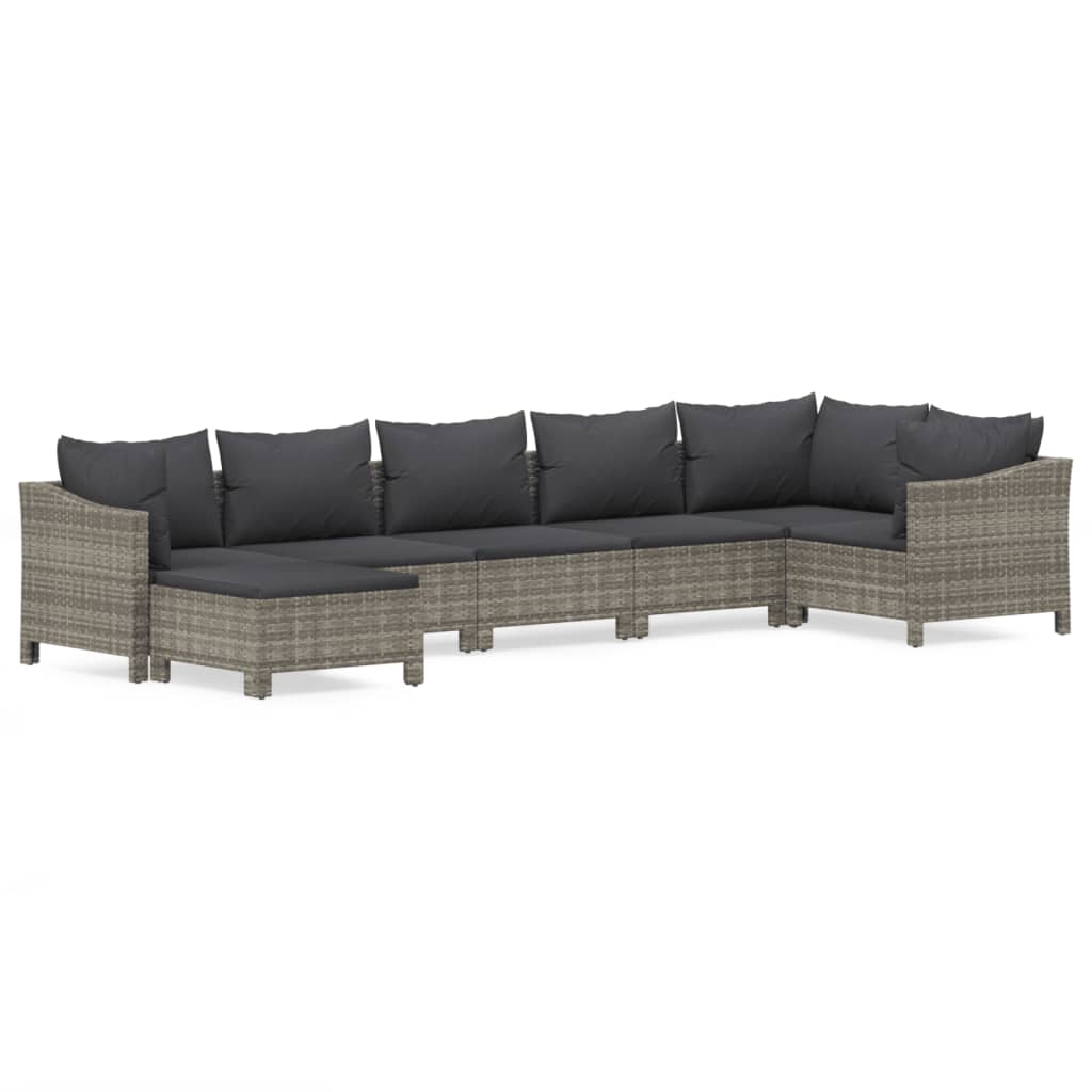 7-Delige Loungeset Met Kussens Poly Rattan Grijs 1 2x Fauteuil + hoek +3x midden + voetensteun