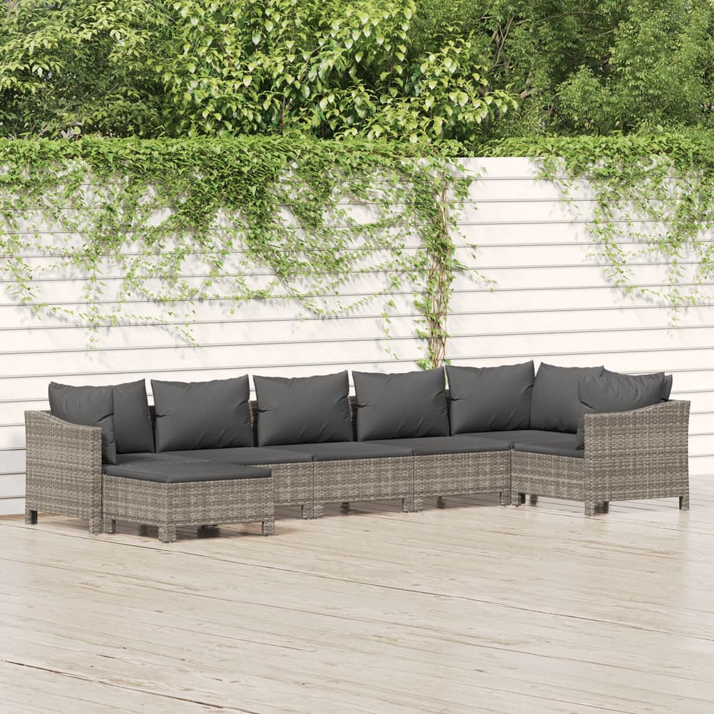 7-Delige Loungeset Met Kussens Poly Rattan Grijs 1 2x Fauteuil + hoek +3x midden + voetensteun