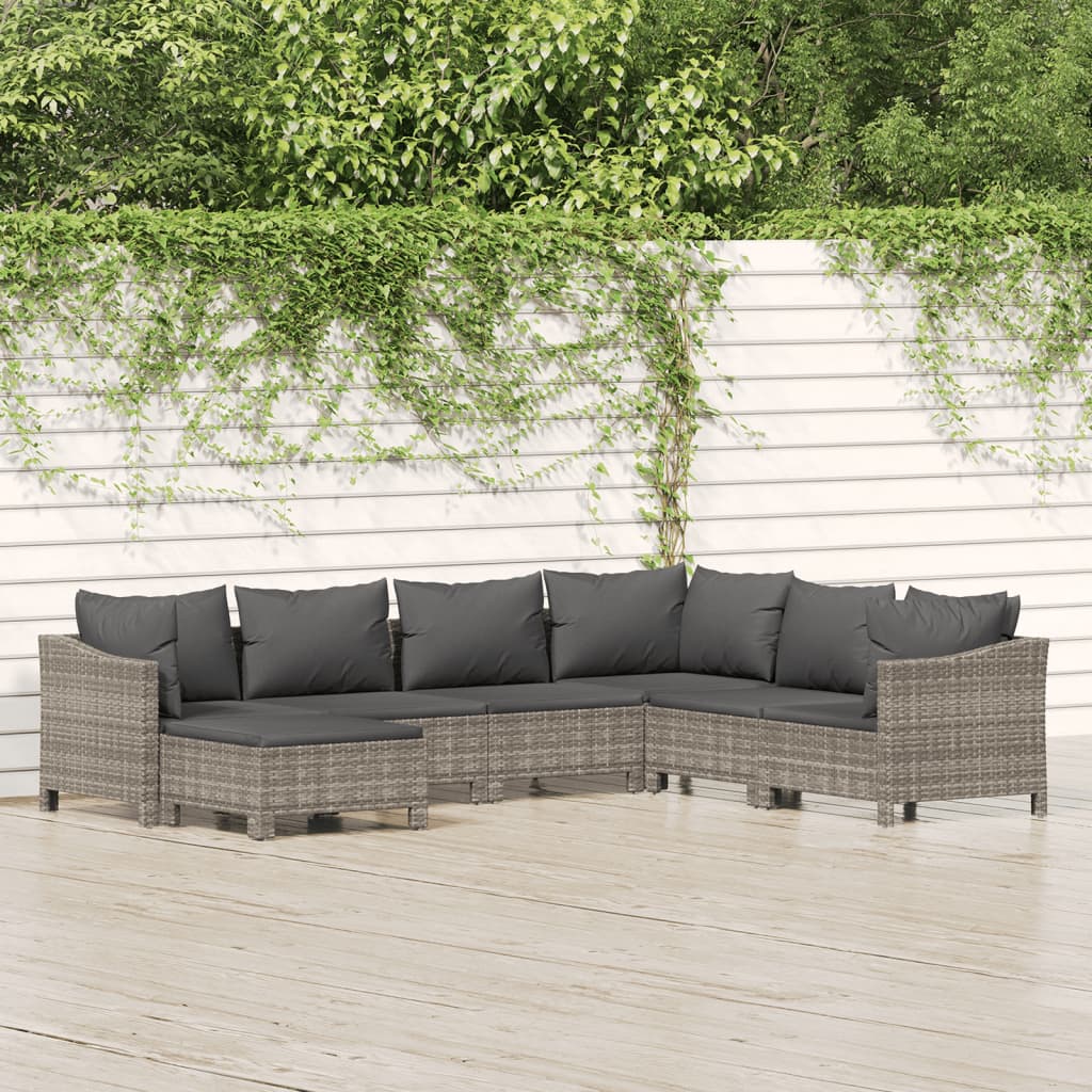 7-Delige Loungeset Met Kussens Poly Rattan Grijs 1 2x Fauteuil + hoek +3x midden + voetensteun