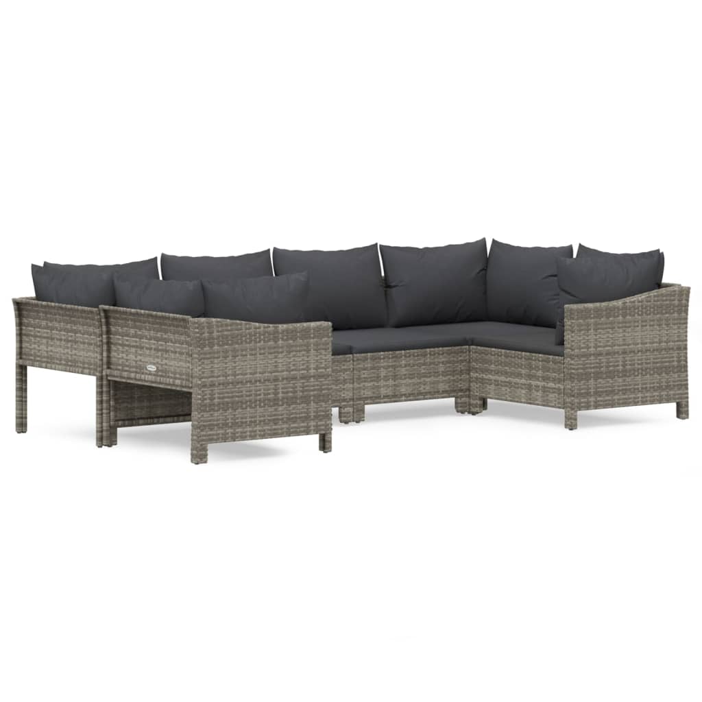 6-Delige Loungeset Met Kussens Poly Rattan Grijs 1 2x corner + 2x middle + 2x armchair