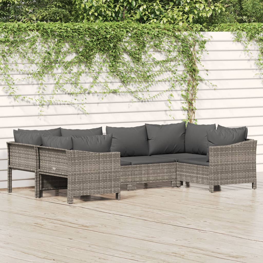 6-Delige Loungeset Met Kussens Poly Rattan Grijs 1 2x corner + 2x middle + 2x armchair