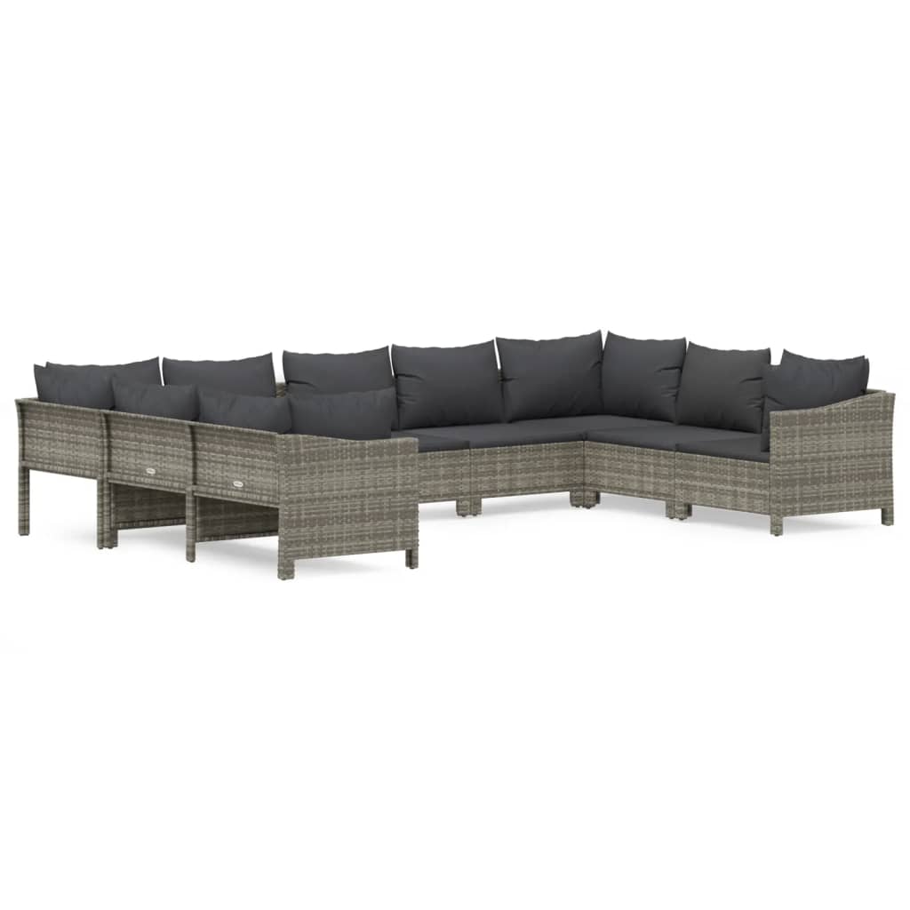 9-Delige Loungeset Met Kussens Poly Rattan Grijs 1 2x corner + 5x middle + 2x armchair