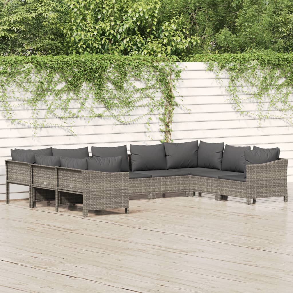 9-Delige Loungeset Met Kussens Poly Rattan Grijs 1 2x corner + 5x middle + 2x armchair