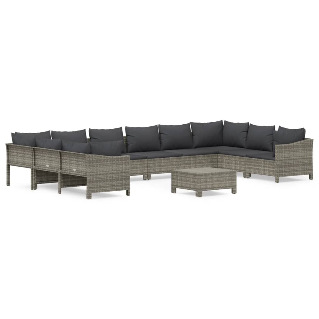 11-Delige Loungeset Met Kussens Poly Rattan Grijs 2x corner + 6x middle + 2x armchair + footrest