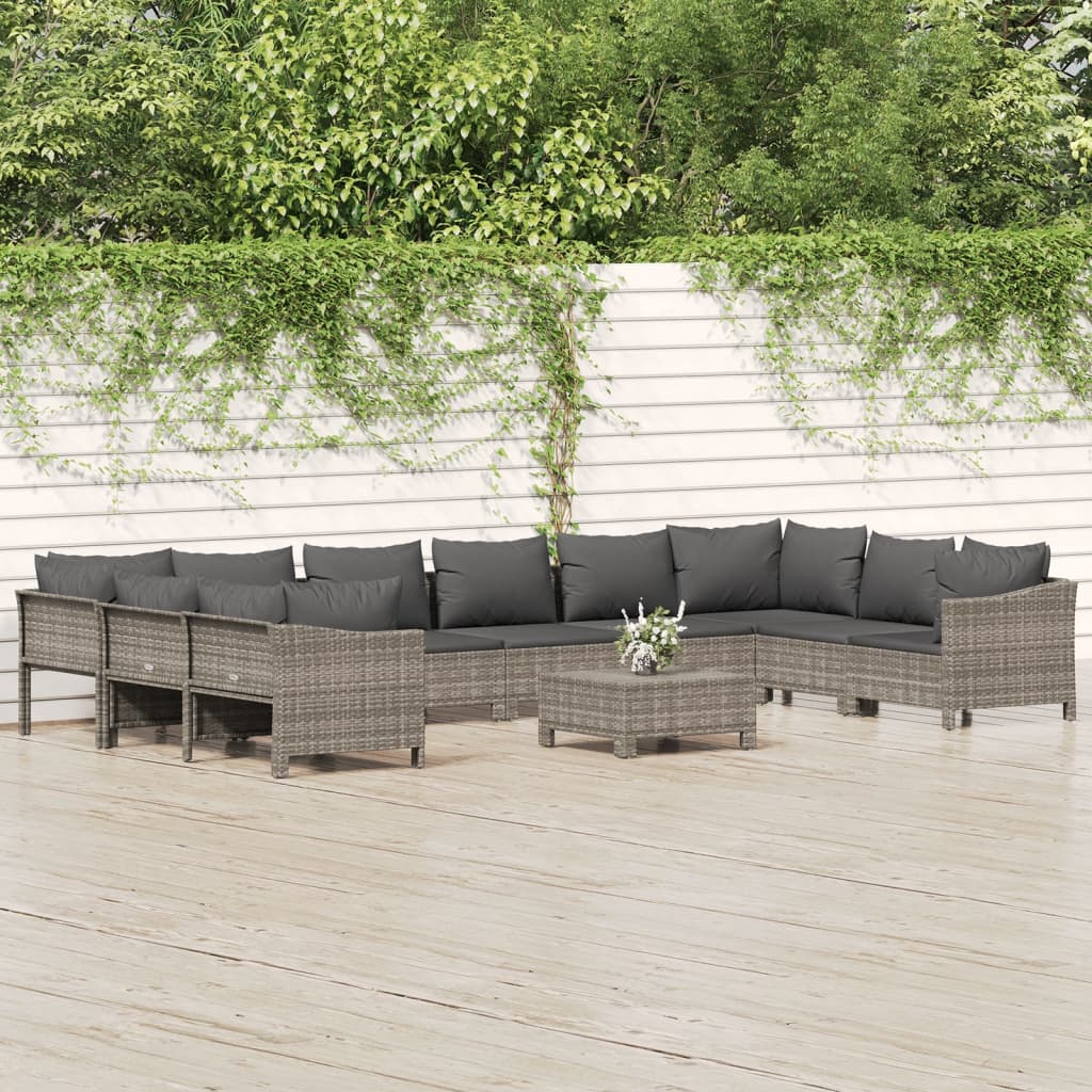 11-Delige Loungeset Met Kussens Poly Rattan Grijs 2x corner + 6x middle + 2x armchair + footrest