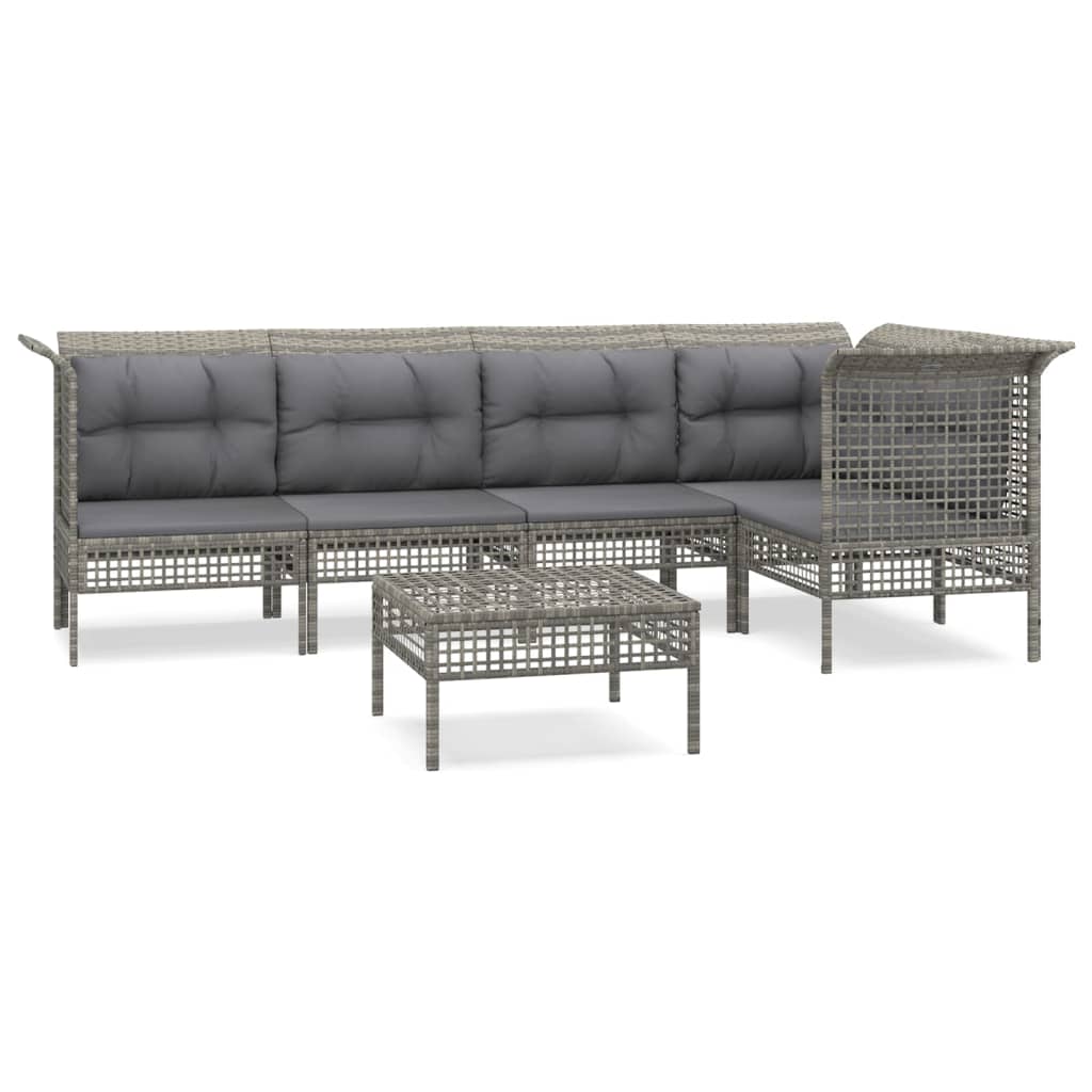 6-Delige Loungeset Met Kussens Poly Rattan Grijs 1 3x hoek + 2x midden + voetensteun