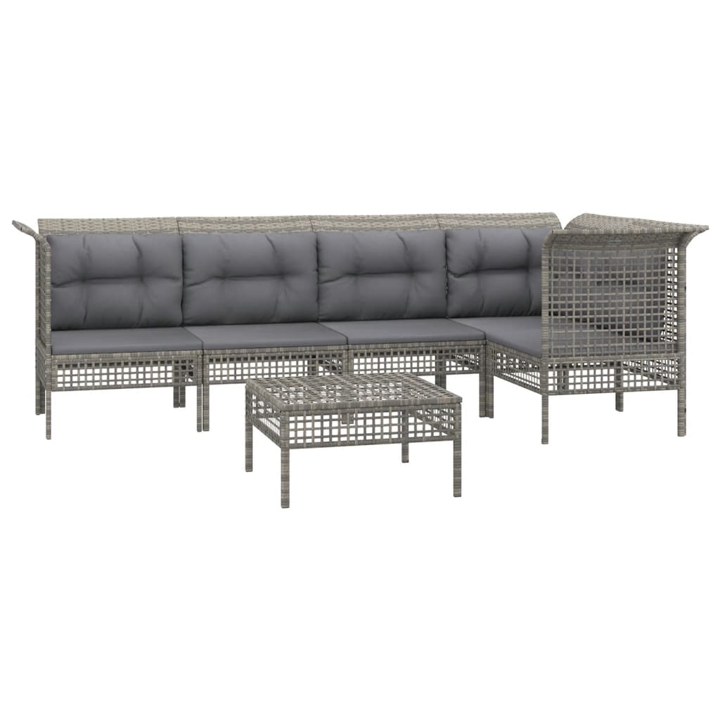 6-Delige Loungeset Met Kussens Poly Rattan Grijs 1 3x hoek + 2x midden + voetensteun