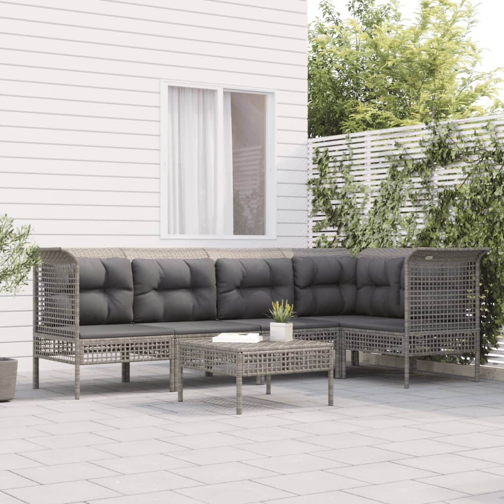 6-Delige Loungeset Met Kussens Poly Rattan Grijs 1 3x hoek + 2x midden + voetensteun