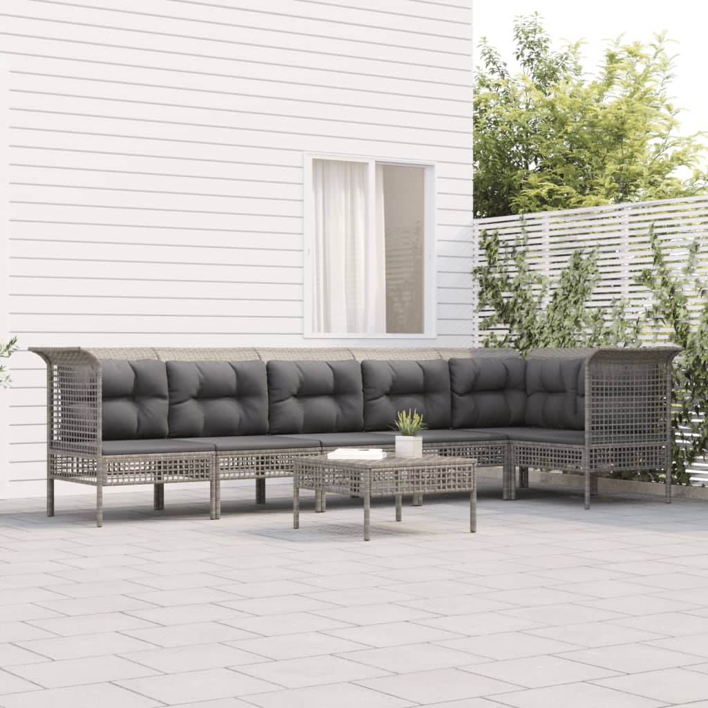 7-Delige Loungeset Met Kussens Poly Rattan Grijs 1 3x hoek + 3x midden + voetensteun