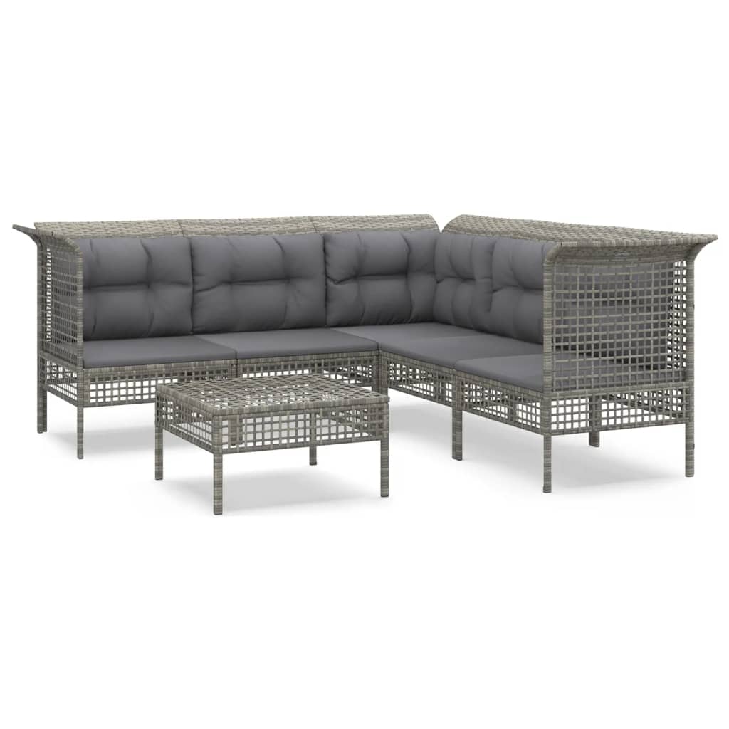 6-Delige Loungeset Met Kussens Poly Rattan Grijs 1 3x hoek + 2x midden + voetensteun