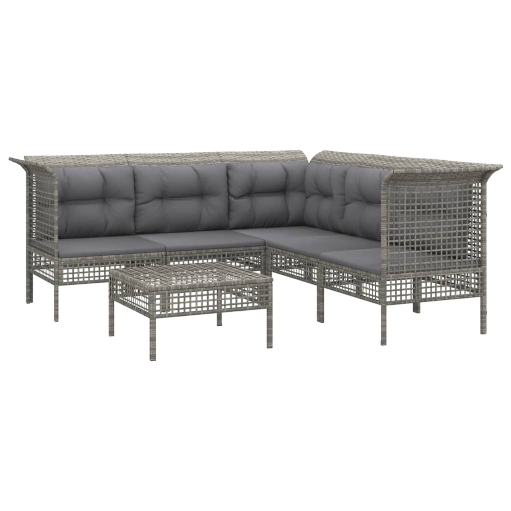 6-Delige Loungeset Met Kussens Poly Rattan Grijs 1 3x hoek + 2x midden + voetensteun