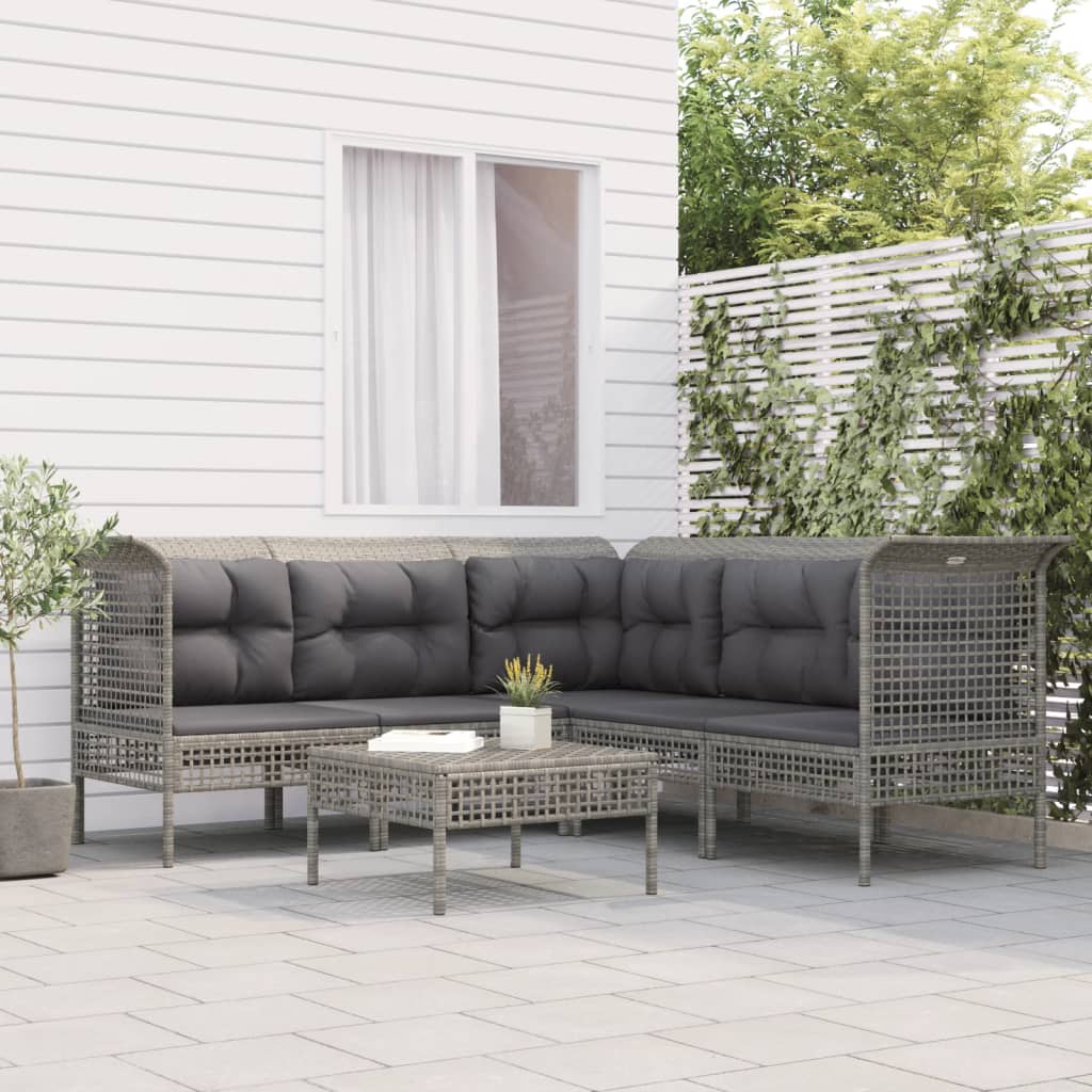 6-Delige Loungeset Met Kussens Poly Rattan Grijs 1 3x hoek + 2x midden + voetensteun