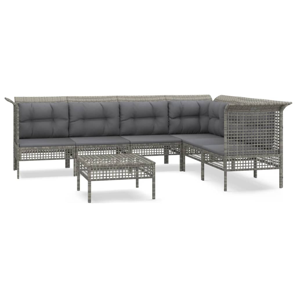 7-Delige Loungeset Met Kussens Poly Rattan Grijs 1 3x hoek + 3x midden + voetensteun