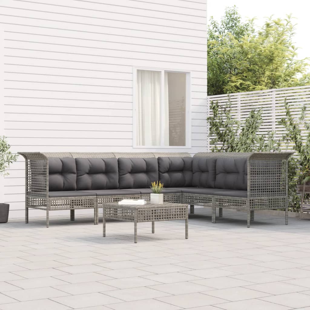 7-Delige Loungeset Met Kussens Poly Rattan Grijs 1 3x hoek + 3x midden + voetensteun