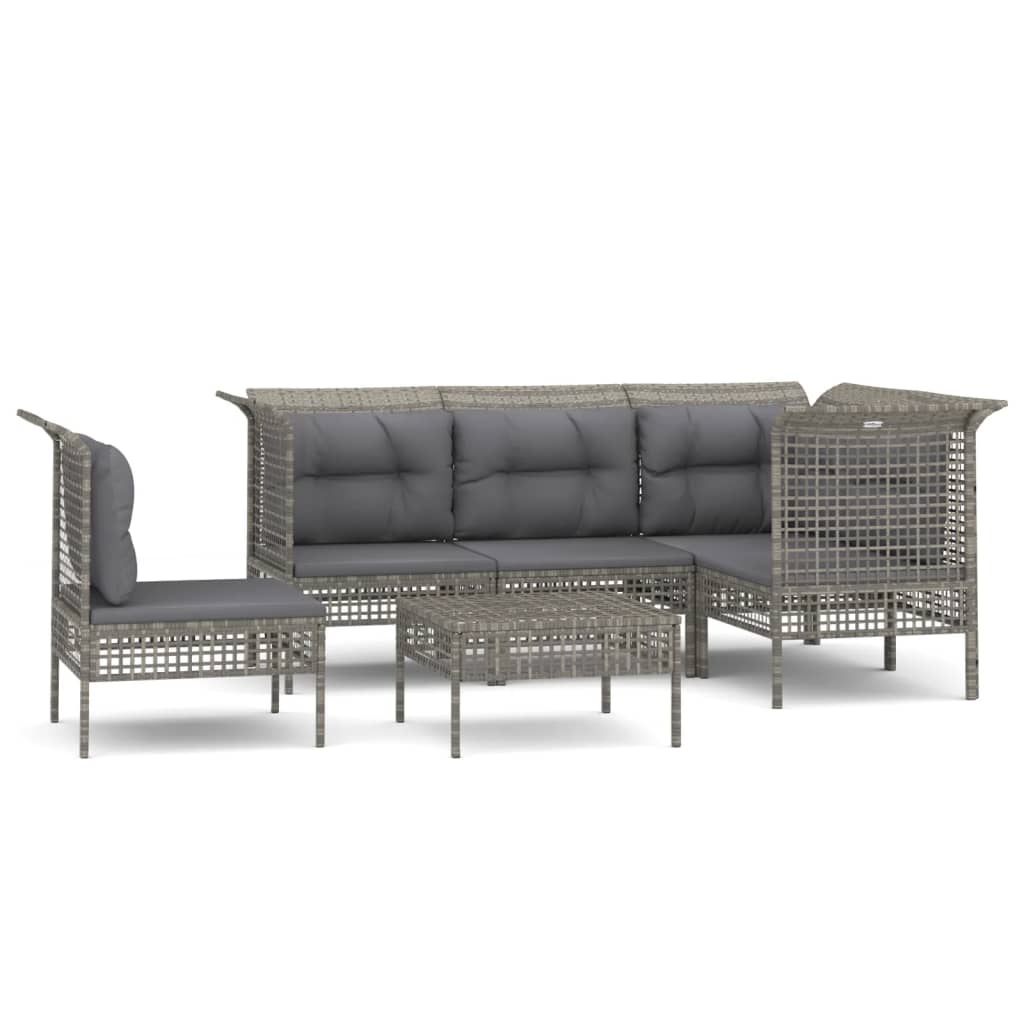 6-Delige Loungeset Met Kussens Poly Rattan Grijs 1 3x hoek + 2x midden + voetensteun