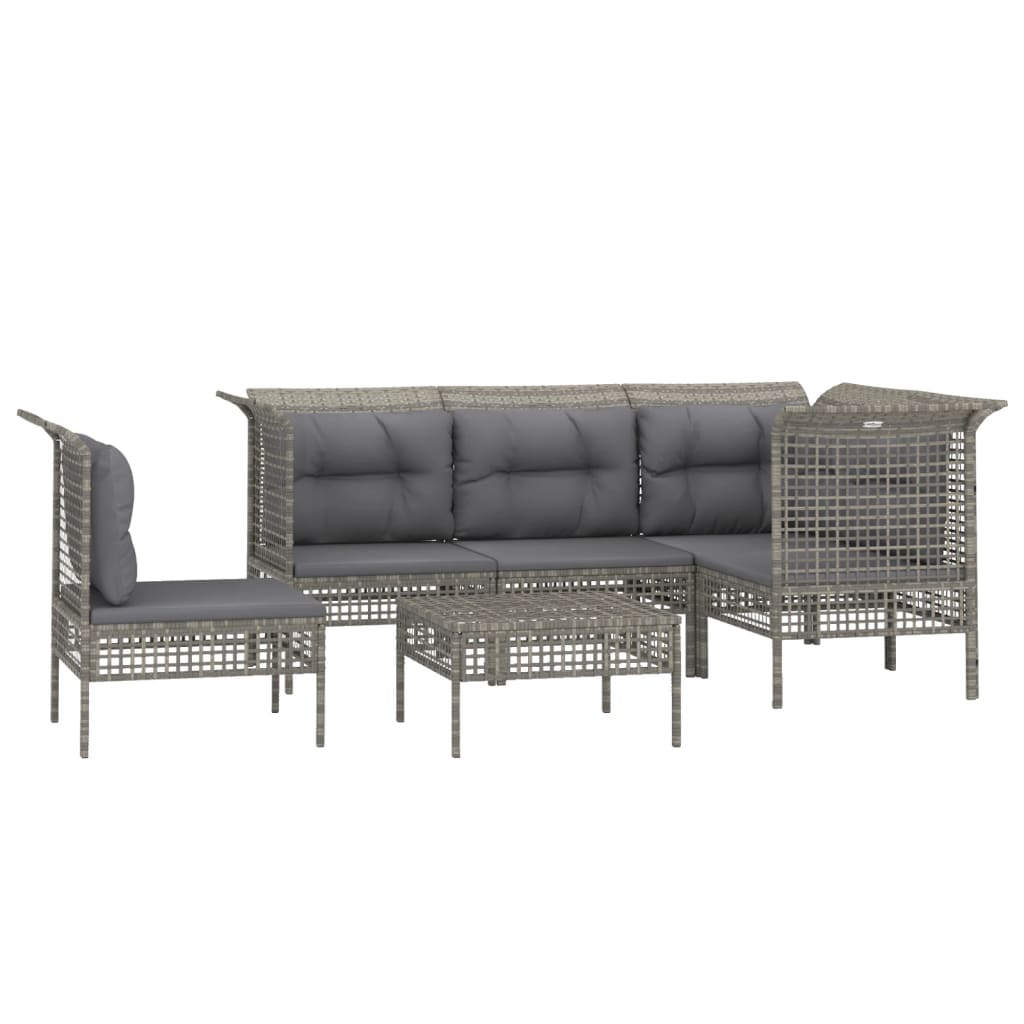 6-Delige Loungeset Met Kussens Poly Rattan Grijs 1 3x hoek + 2x midden + voetensteun