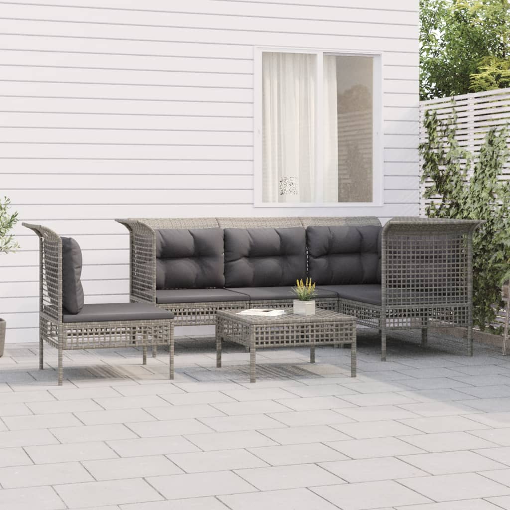 6-Delige Loungeset Met Kussens Poly Rattan Grijs 1 3x hoek + 2x midden + voetensteun