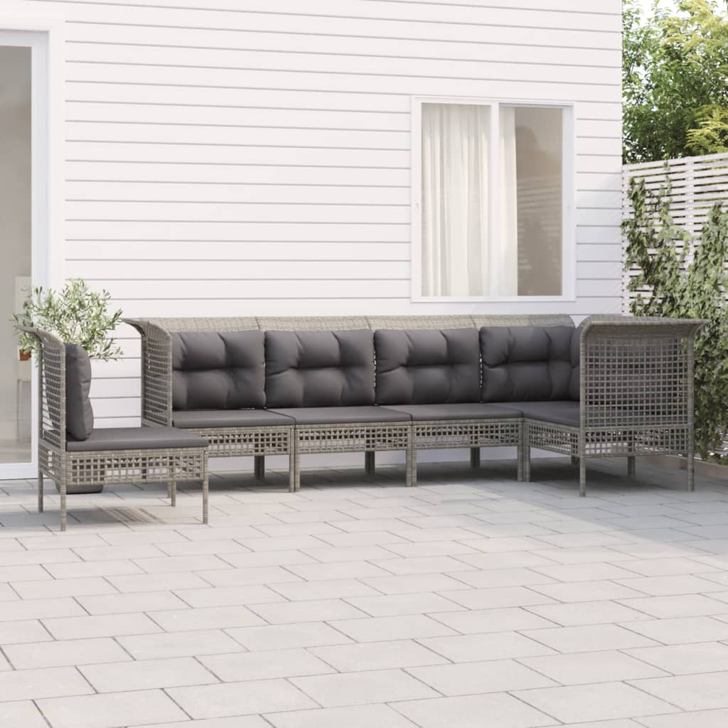 6-Delige Loungeset Met Kussens Poly Rattan Grijs 1 3x hoek + 3x midden