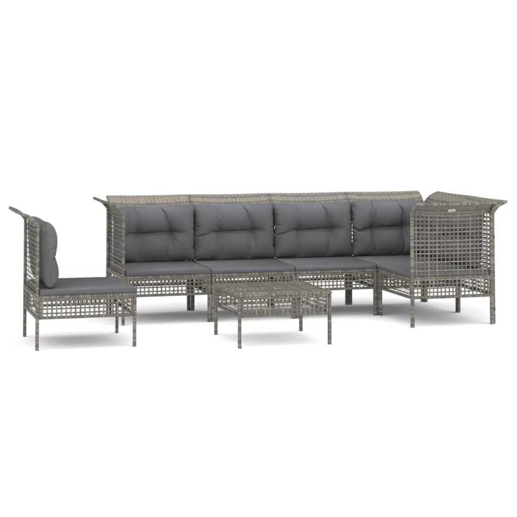 7-Delige Loungeset Met Kussens Poly Rattan Grijs 1 3x hoek + 3x midden + voetensteun