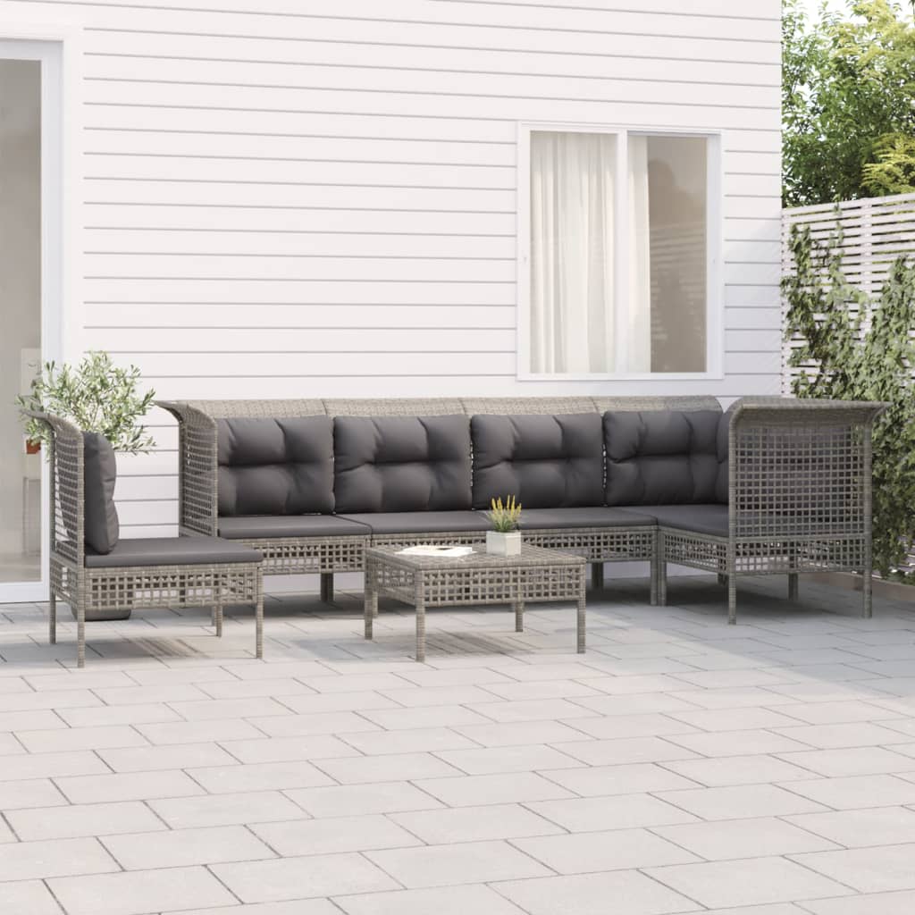 7-Delige Loungeset Met Kussens Poly Rattan Grijs 1 3x hoek + 3x midden + voetensteun