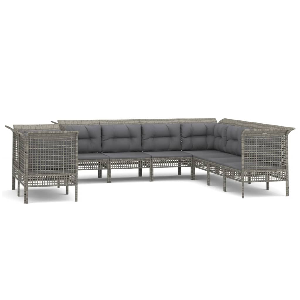 9-Delige Loungeset Met Kussens Poly Rattan Grijs 1 5x hoek + 4x midden