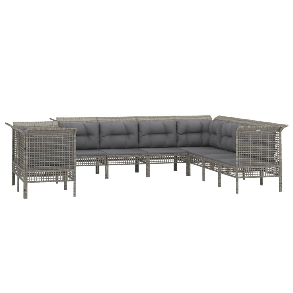 9-Delige Loungeset Met Kussens Poly Rattan Grijs 1 5x hoek + 4x midden