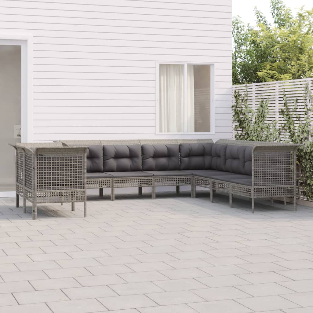 9-Delige Loungeset Met Kussens Poly Rattan Grijs 1 5x hoek + 4x midden