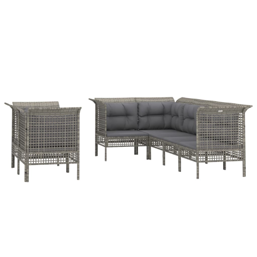 7-Delige Loungeset Met Kussens Poly Rattan Grijs 1 5x hoek + 2x midden