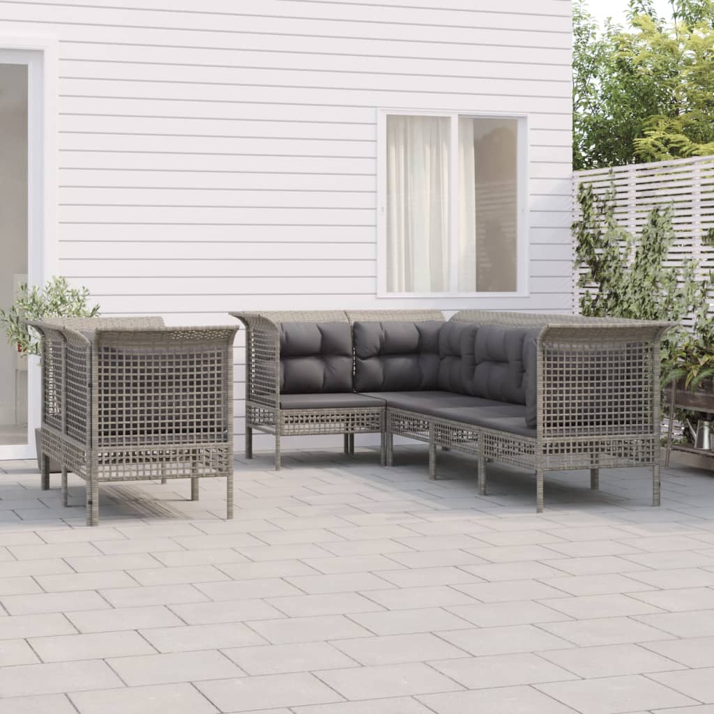 7-Delige Loungeset Met Kussens Poly Rattan Grijs 1 5x hoek + 2x midden