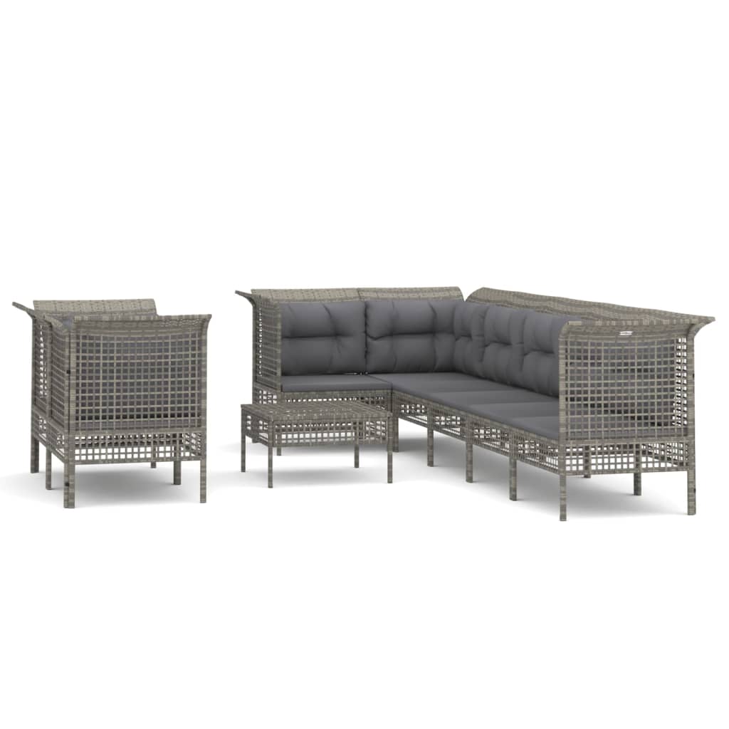 9-Delige Loungeset Met Kussens Poly Rattan Grijs 1 5x hoek + 3x midden + voetensteun