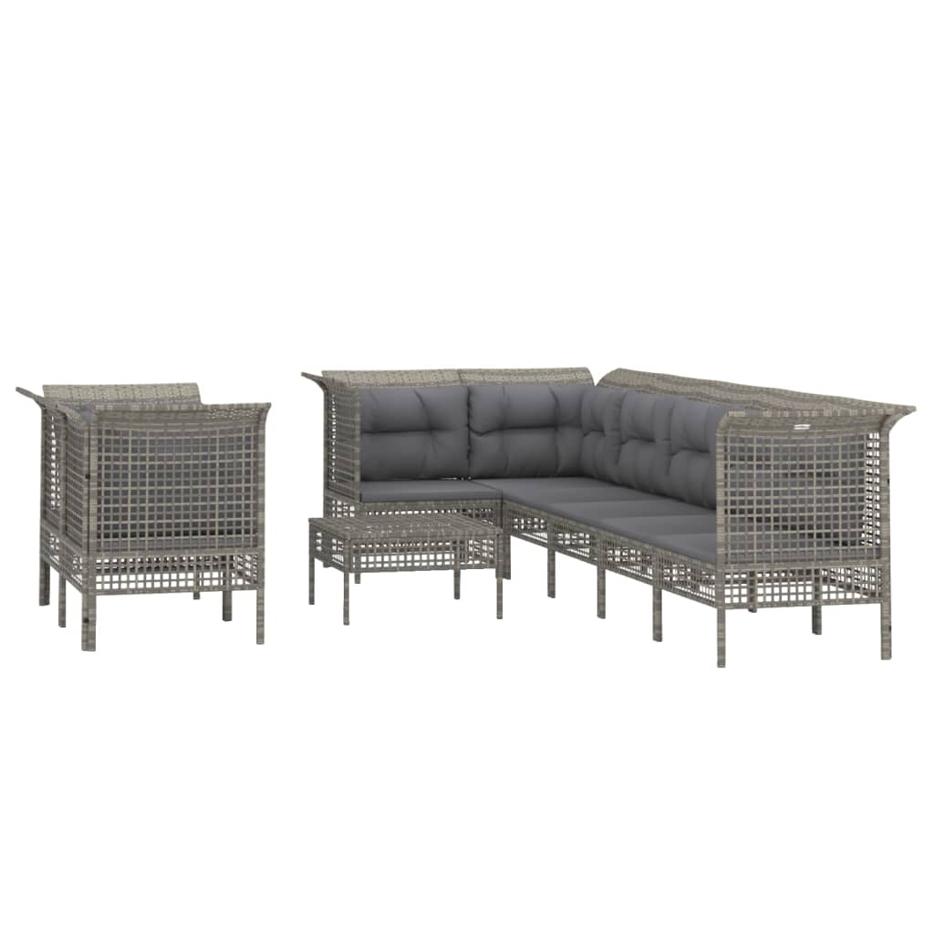 9-Delige Loungeset Met Kussens Poly Rattan Grijs 1 5x hoek + 3x midden + voetensteun