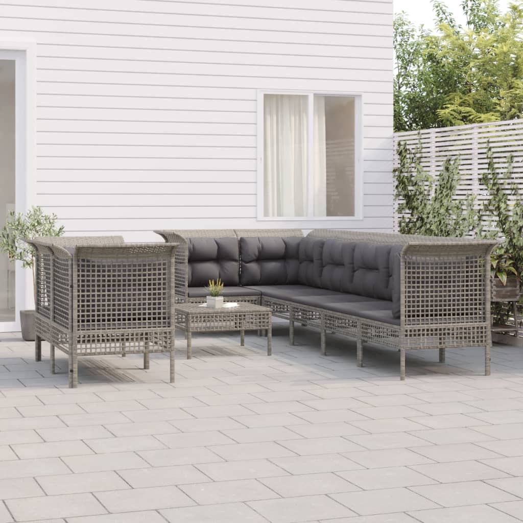 9-Delige Loungeset Met Kussens Poly Rattan Grijs 1 5x hoek + 3x midden + voetensteun