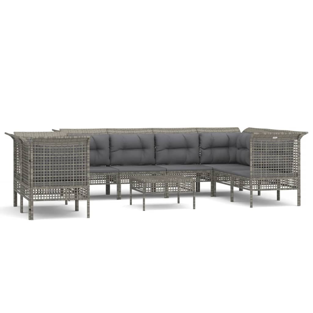 9-Delige Loungeset Met Kussens Poly Rattan Grijs 5x hoek + 3x midden + voetensteun