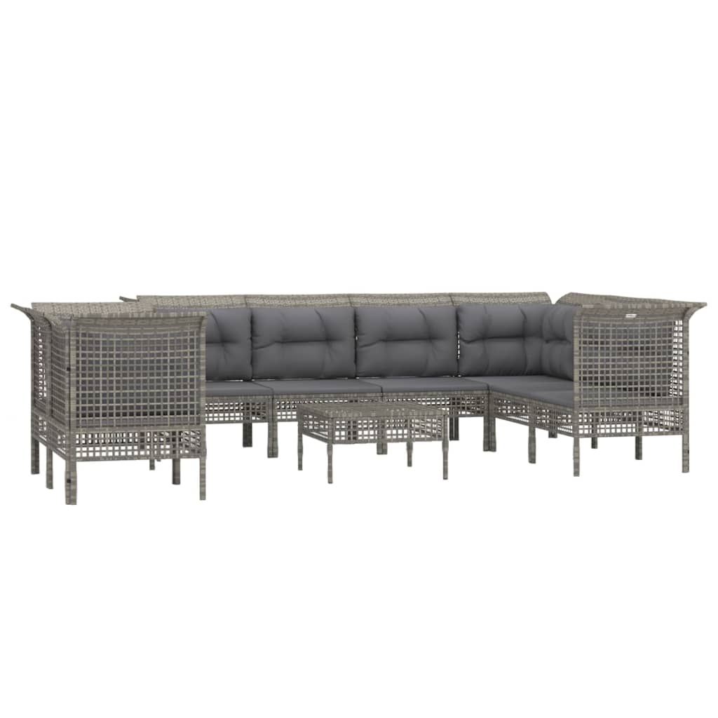 9-Delige Loungeset Met Kussens Poly Rattan Grijs 5x hoek + 3x midden + voetensteun