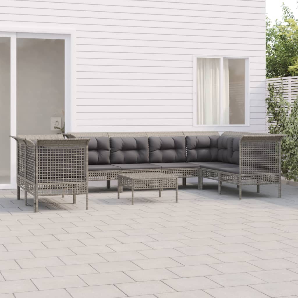 9-Delige Loungeset Met Kussens Poly Rattan Grijs 5x hoek + 3x midden + voetensteun