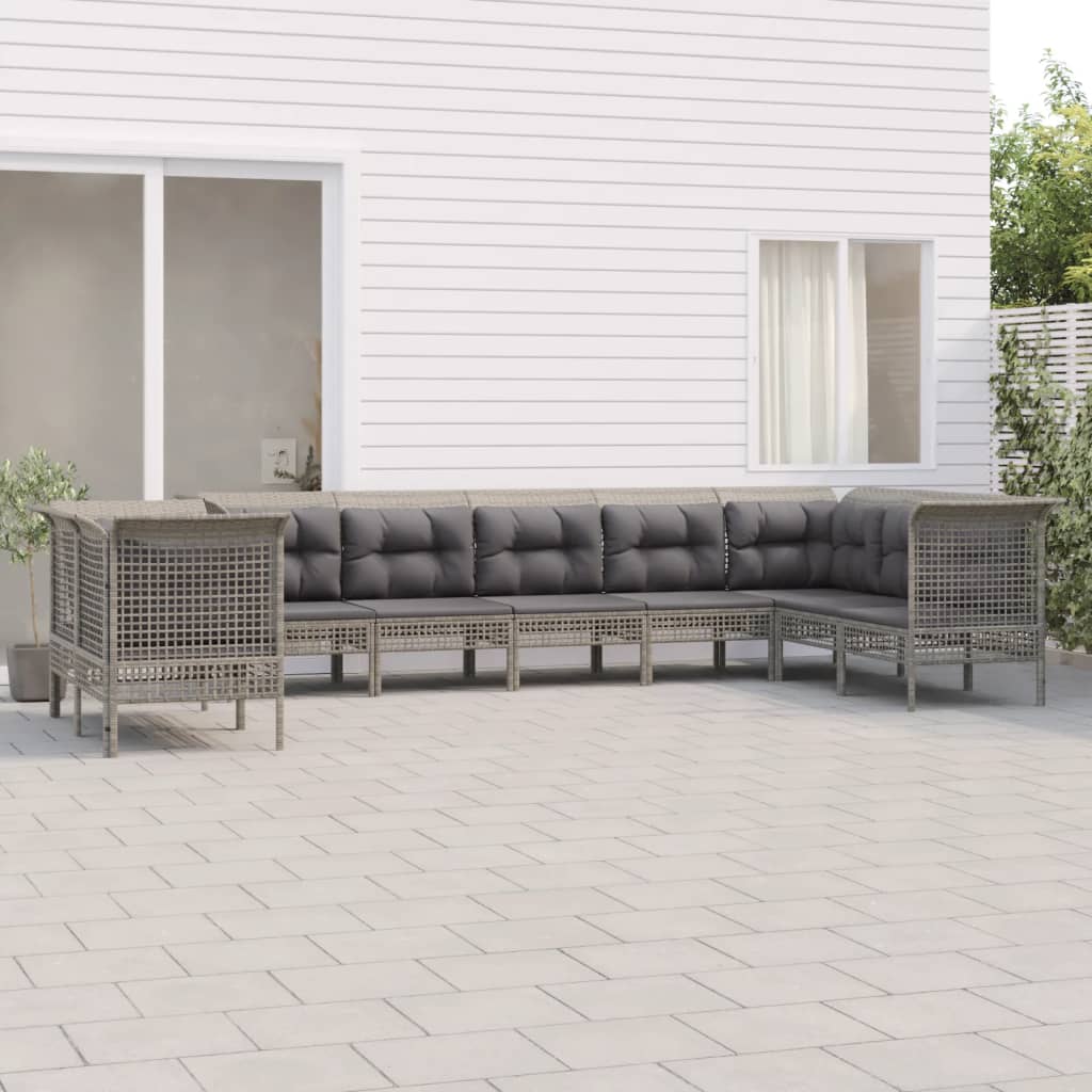 9-Delige Loungeset Met Kussens Poly Rattan Grijs 5x hoek + 4x midden