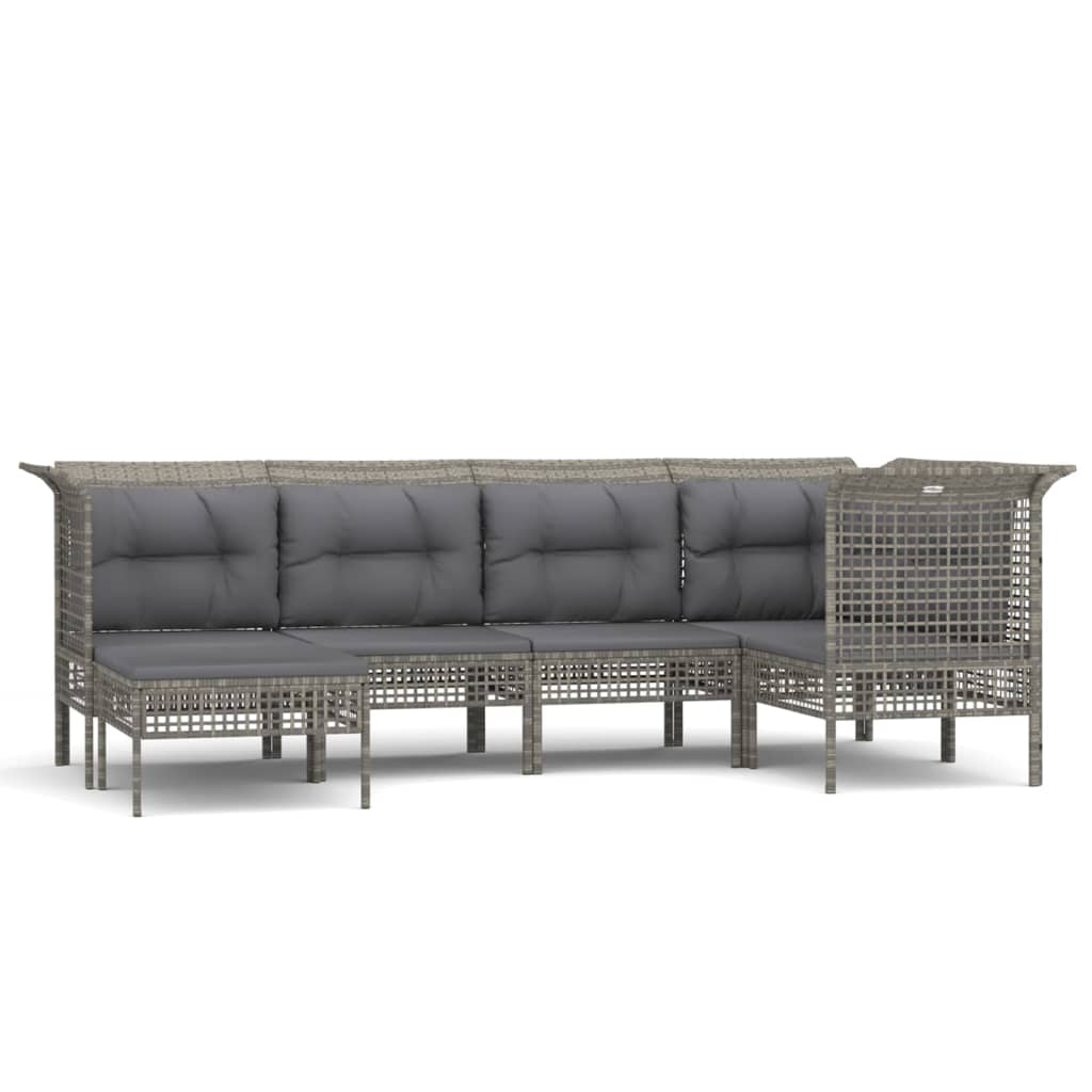 6-Delige Loungeset Met Kussens Poly Rattan Grijs 1 3x hoek + 2x midden + voetensteun