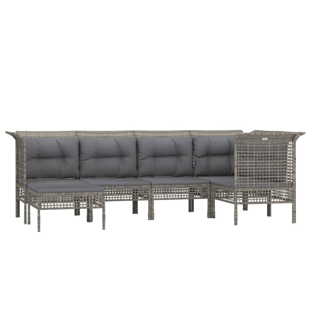 6-Delige Loungeset Met Kussens Poly Rattan Grijs 1 3x hoek + 2x midden + voetensteun