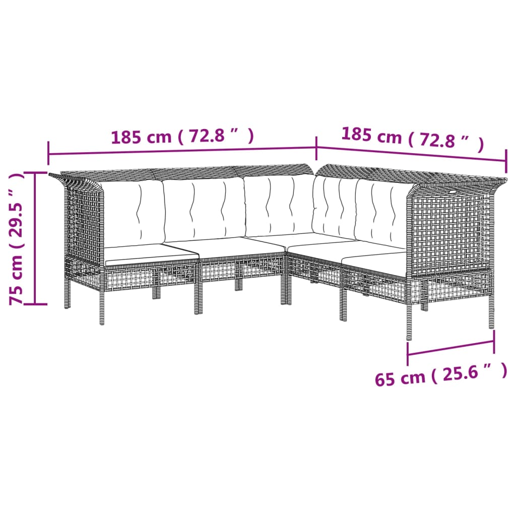 6-Delige Loungeset Met Kussens Poly Rattan Grijs 1 3x hoek + 2x midden + voetensteun