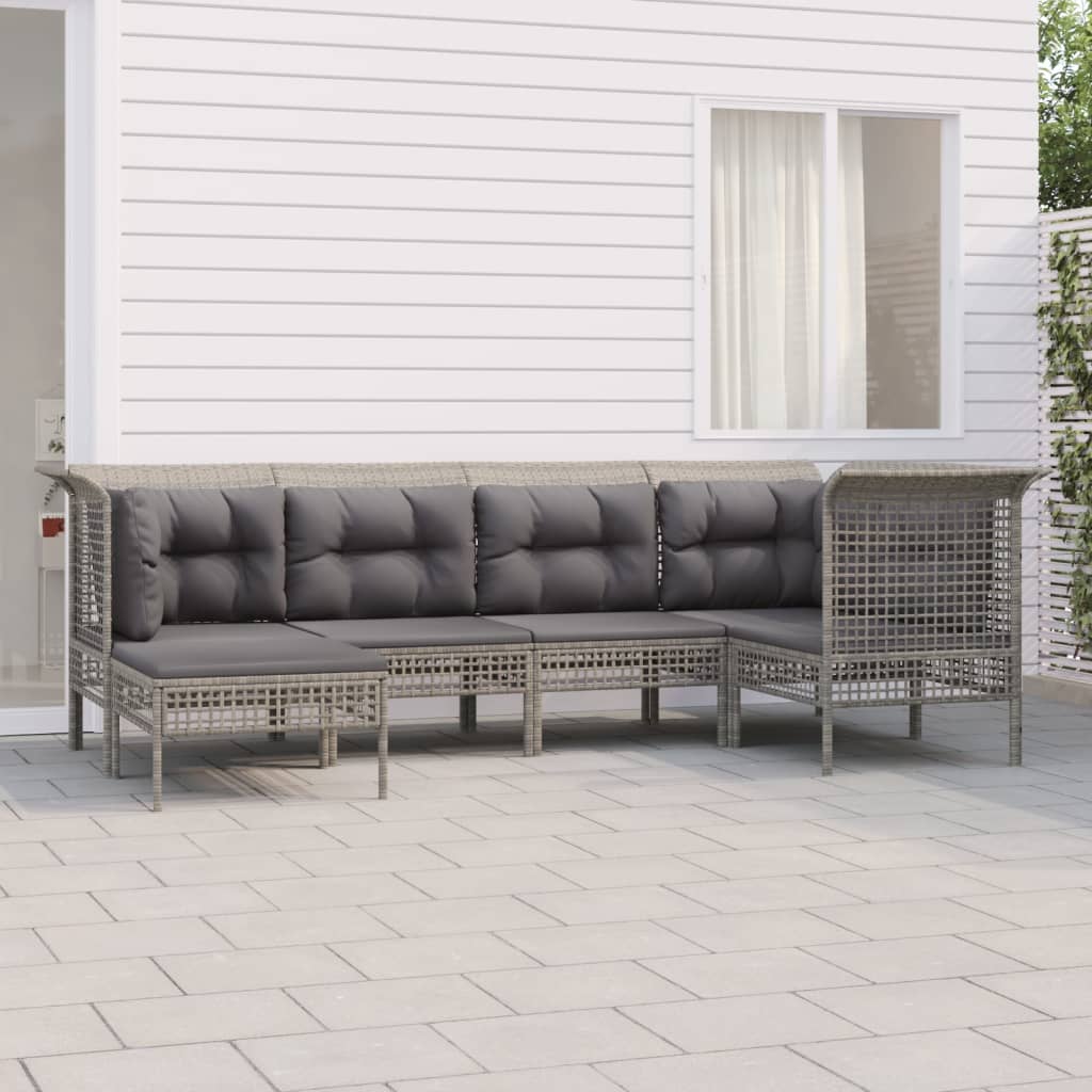 6-Delige Loungeset Met Kussens Poly Rattan Grijs 1 3x hoek + 2x midden + voetensteun