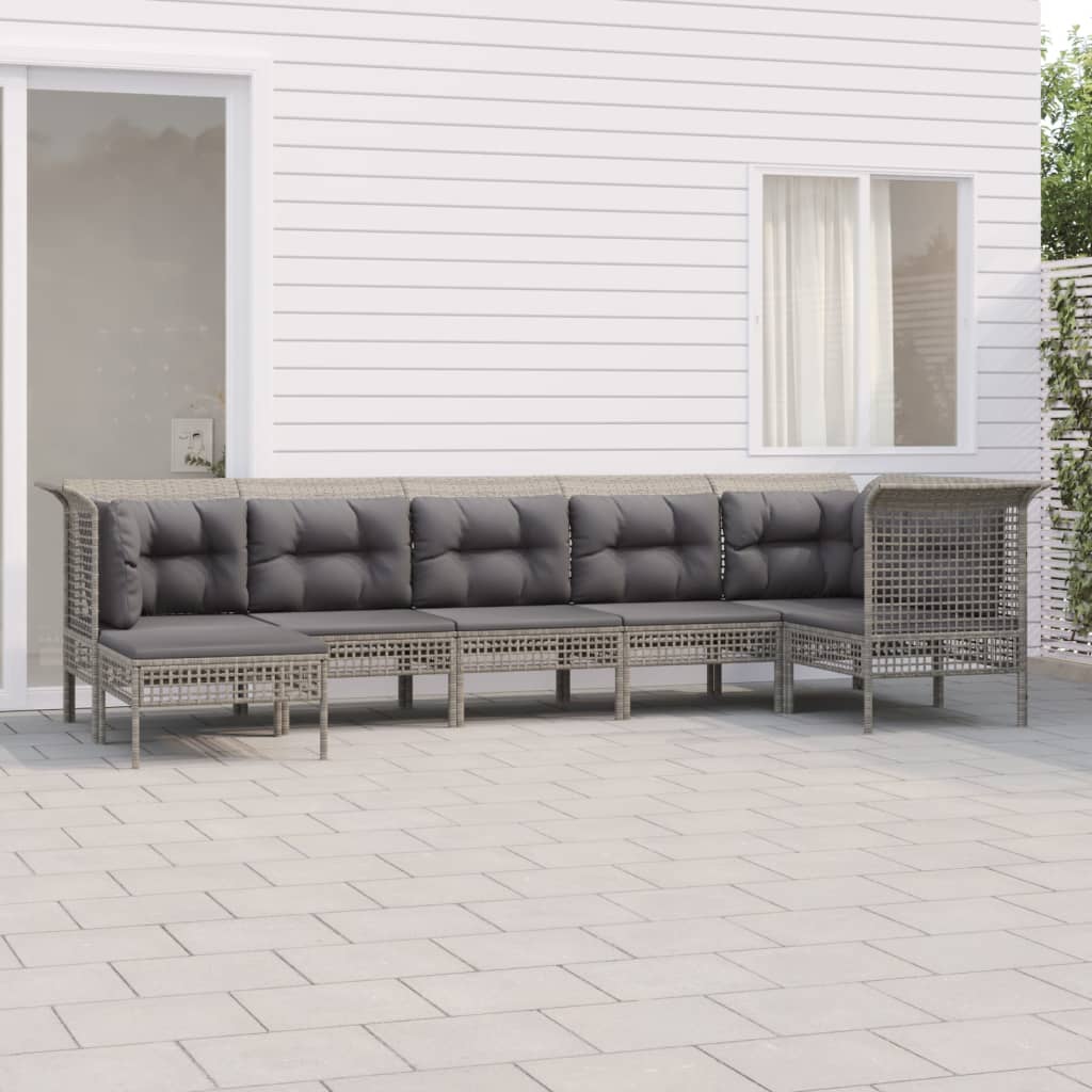 7-Delige Loungeset Met Kussens Poly Rattan Grijs 1 3x hoek + 3x midden + voetensteun