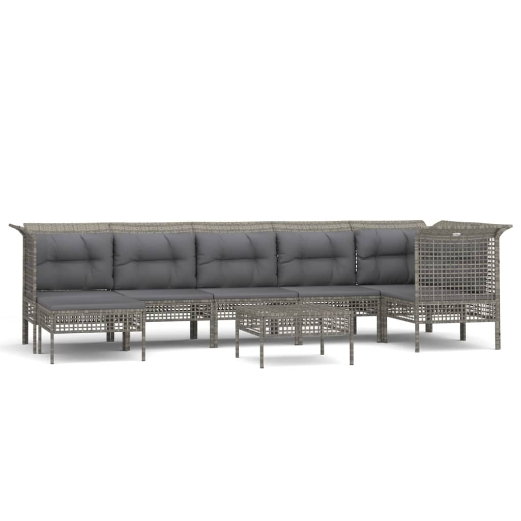 8-Delige Loungeset Met Kussens Poly Rattan Grijs 1 3x hoek + 3x midden + 2x voetensteun