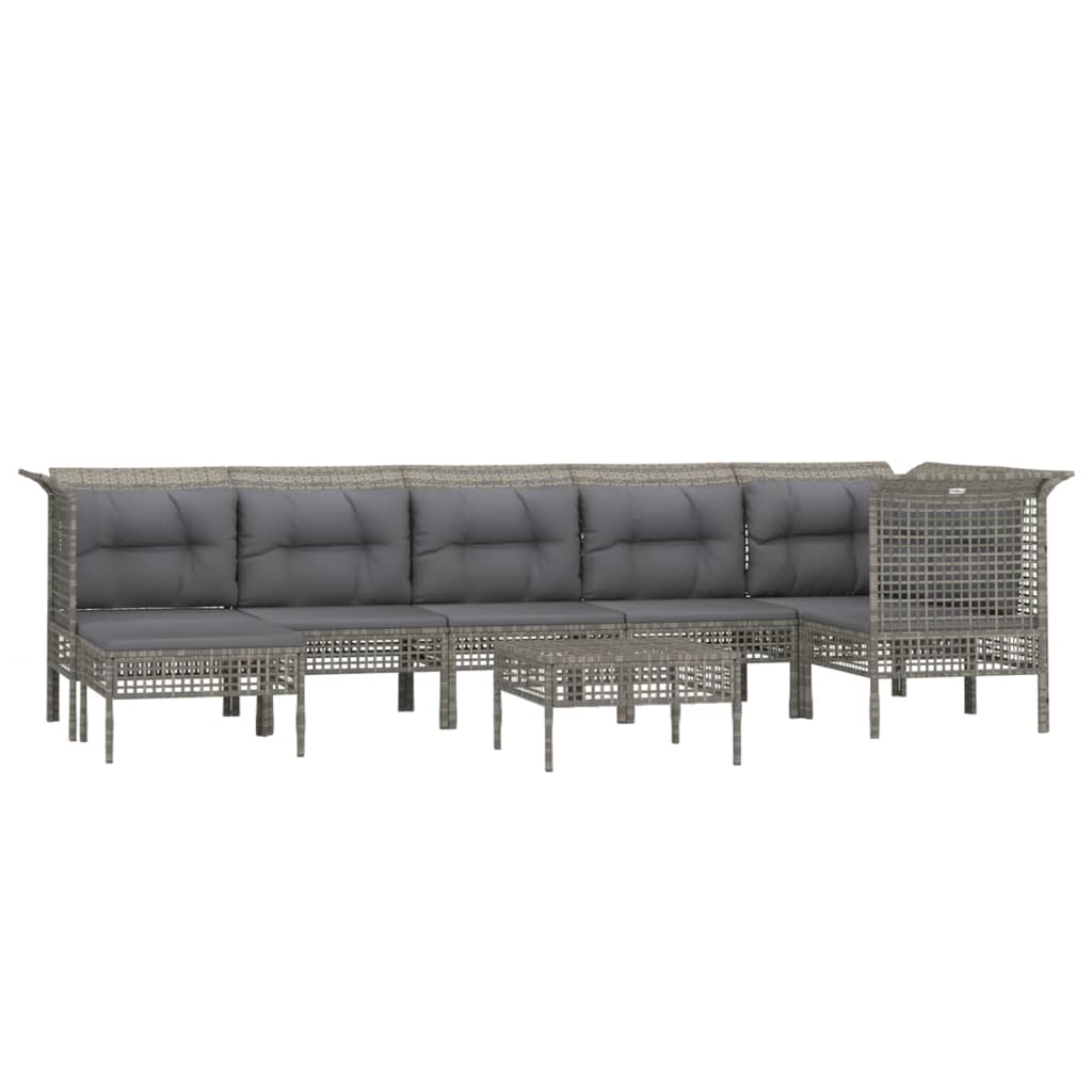 8-Delige Loungeset Met Kussens Poly Rattan Grijs 1 3x hoek + 3x midden + 2x voetensteun