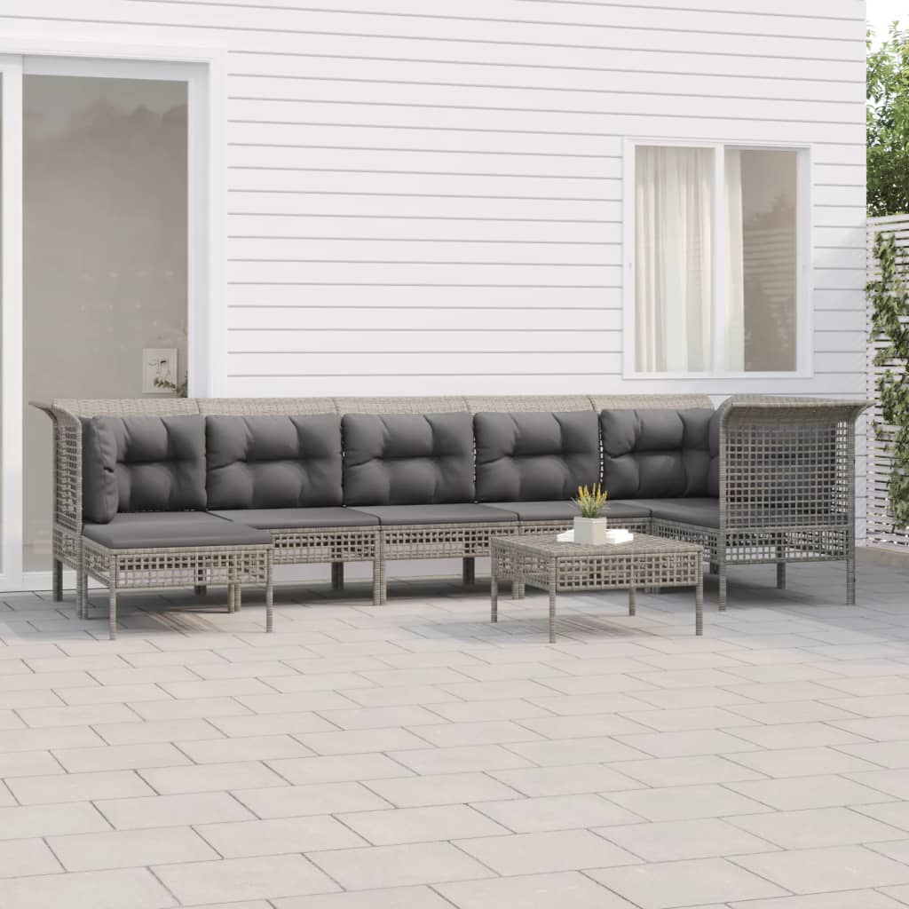 8-Delige Loungeset Met Kussens Poly Rattan Grijs 1 3x hoek + 3x midden + 2x voetensteun