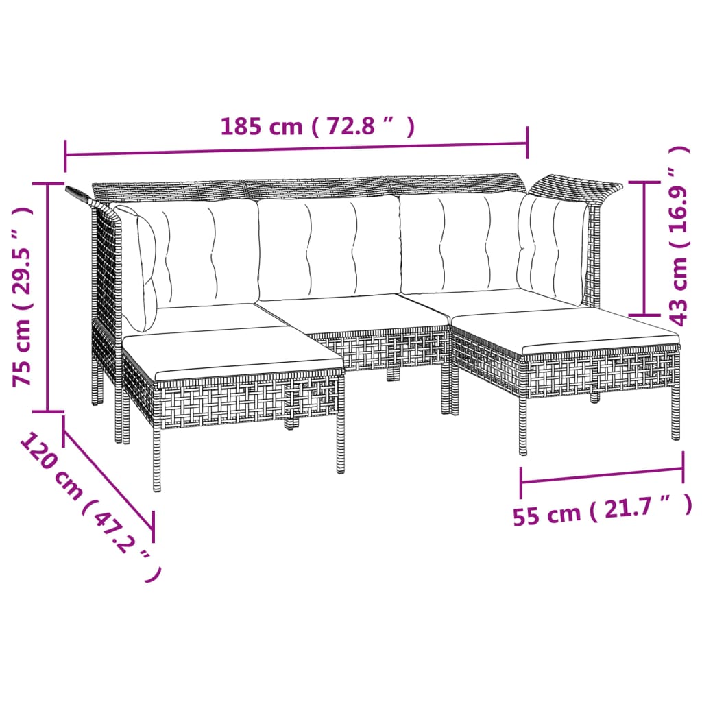 6-Delige Loungeset Met Kussens Poly Rattan Grijs 1 2x hoek + 2x midden + 2x voetensteun