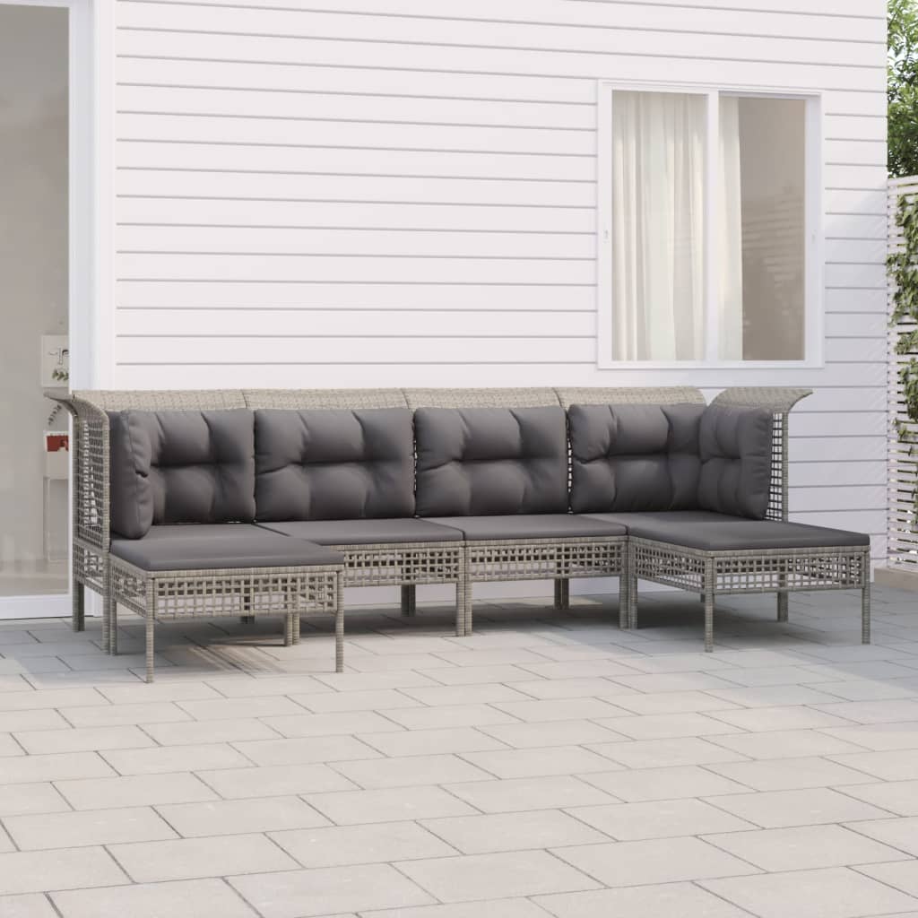 6-Delige Loungeset Met Kussens Poly Rattan Grijs 1 2x hoek + 2x midden + 2x voetensteun