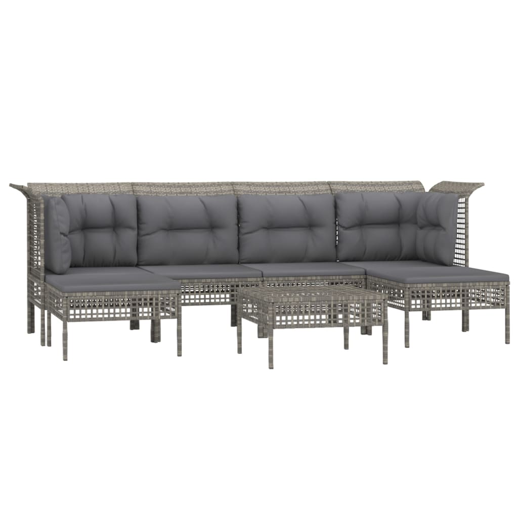 7-Delige Loungeset Met Kussens Poly Rattan Grijs 1 2x hoek + 2x midden + 3x voetensteun