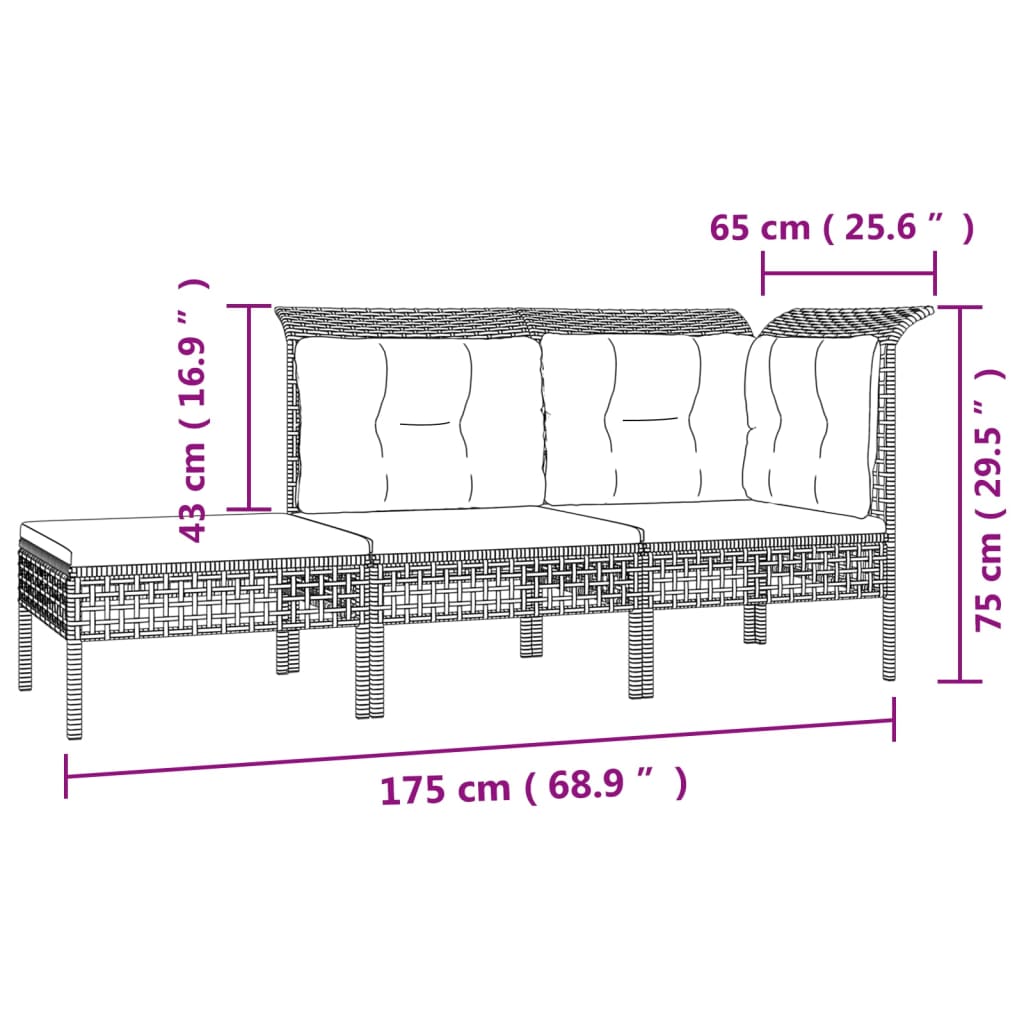 7-Delige Loungeset Met Kussens Poly Rattan Grijs 1 2x hoek + 2x midden + 3x voetensteun