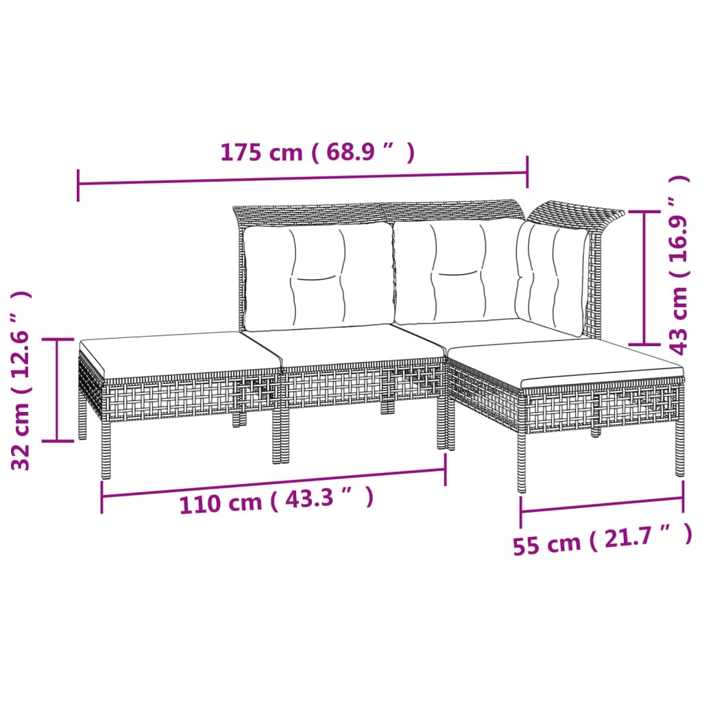 7-Delige Loungeset Met Kussens Poly Rattan Grijs 1 2x hoek + 2x midden + 3x voetensteun