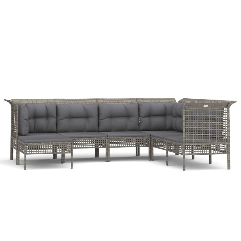 7-Delige Loungeset Met Kussens Poly Rattan Grijs 1 3x hoek + 3x midden + voetensteun